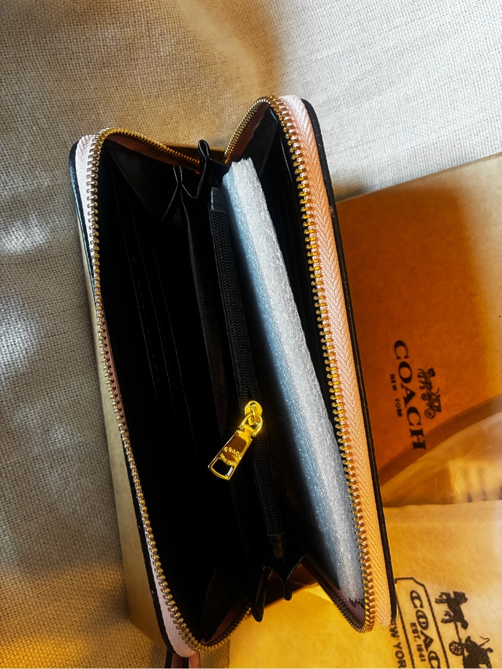 Coach Pink and Black Zip-Around Leather Wallet